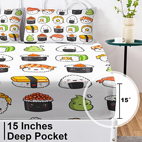 Jekeno Sushi Printed Bedding Sheet Set, Full Size Kids Cute Bedroom Decor Bed Linen Set With Fitted Sheet + Flat Sheet + 2 Pcs Pillow Cases #TOP4