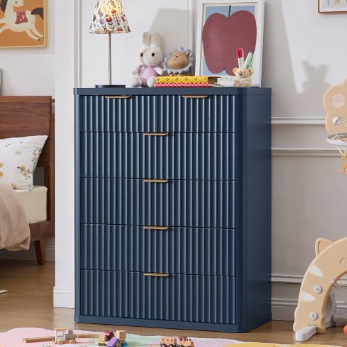 Image of LEYAOYAO Fluted 6 Drawers Dresser for Bedroom Set of 2, 42 inch Tall Modern Chest of Drawer with Metal Handle, Curved Profile Design,Wood Drawer Organizer for Bedroom, Living Room, Hallway,Blue