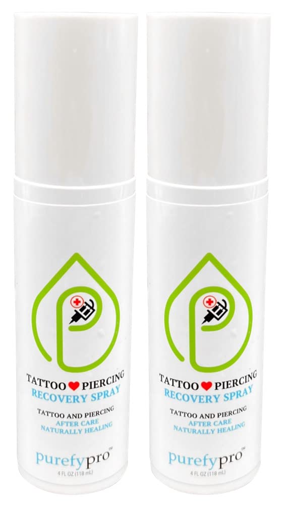 PUREFY Tattoo and Piercing Recovery Spray (4oz, 2pk) Natural Healing. Daily Care (incl. nose, tongue, skin, lips, eyes, etc.). Purefypro Cleansing Technology. Safe for Everyone. Use Anywhere on Body.