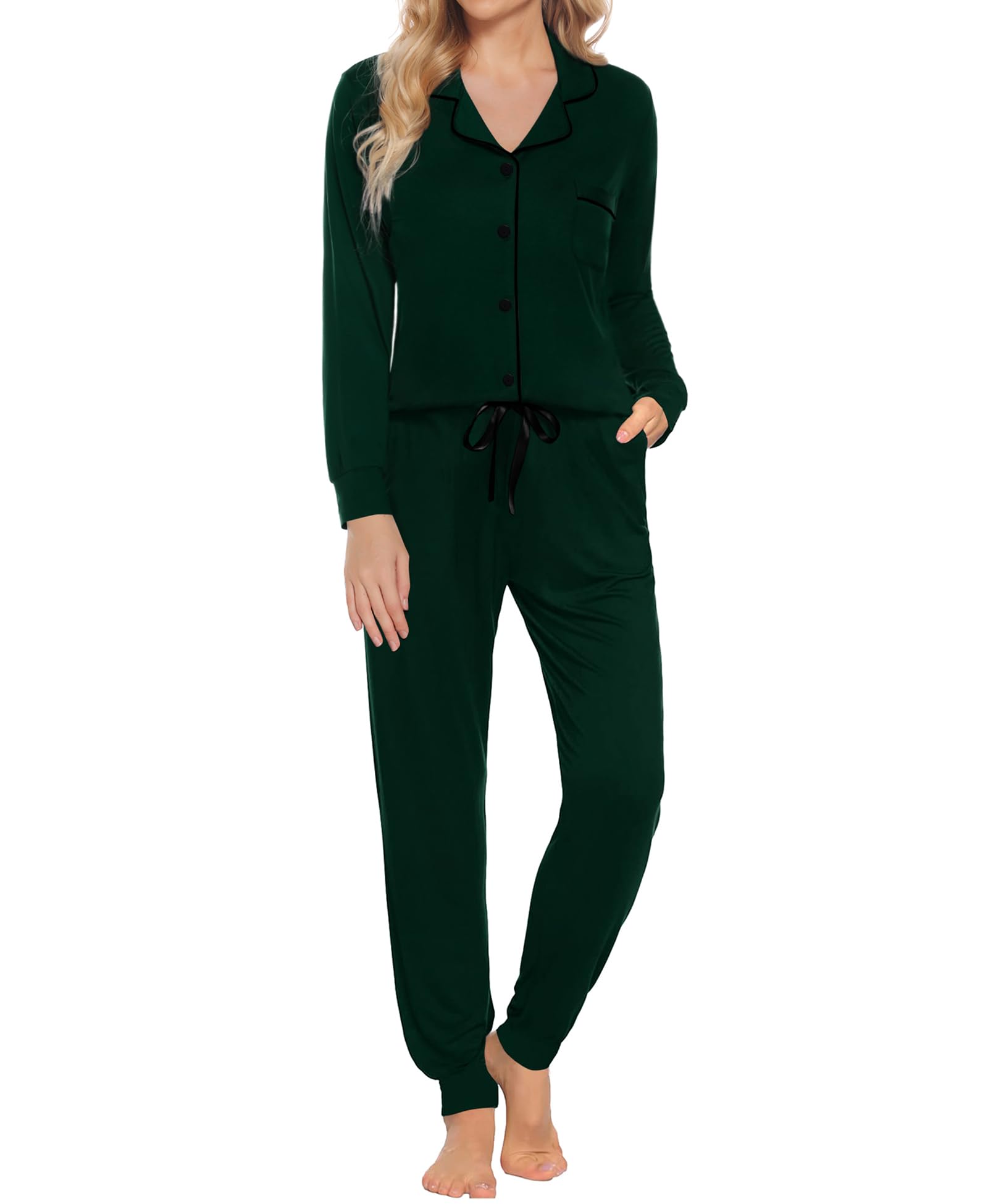 SWOMOG Womens Pajamas Set Long Sleeve Sleepwear Button Down Nightwear Soft Joggers PJs Sets with Pockets Lounge Sets