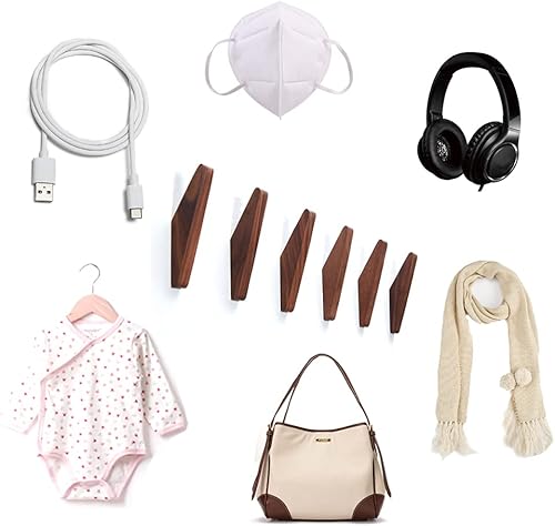 Miniatura 7 de Paquete de 6 ganchos de pared de madera, diseño minimalista de nogal negro, gancho resistente para bata, ganchos de madera rústicos montados en la