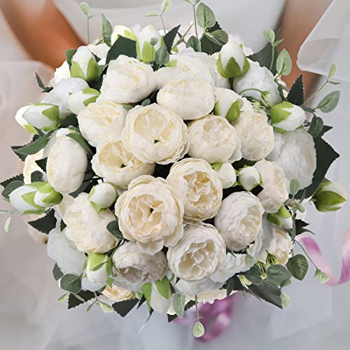 Crugla 4 Bundles White Peonies Artificial Flowers Bulk 20 Peony Heads, Small Ivory Faux Fake Silk Peony Flower Wedding Bouquets For Bride Mother's Mum Gift Home Decoration With Stems #TOP1