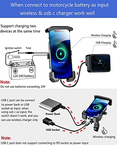 Kewig Waterproof Motorcycle Phone Mount Qi 15W Wireless & Usb C 20W Fast Chargeing Port, One-Push Automatically Lock & Quick Release Handlebar Cell Phone Holder For 4-7'' Phones #TOP1