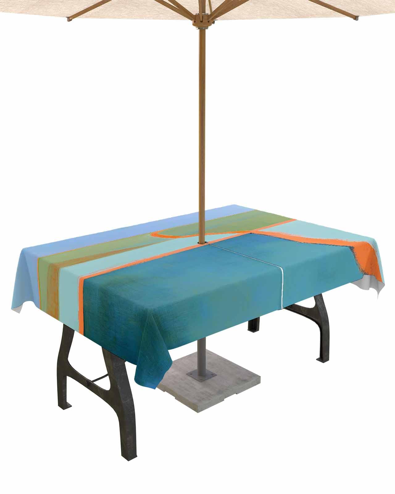 Lsrtoss Outdoor Tablecloth with Umbrella Hole & Zipper, Green Teal Orange Rectangle Tablecloth 60x84 Inch, Modern Oil Painting Abstract Patio Table
