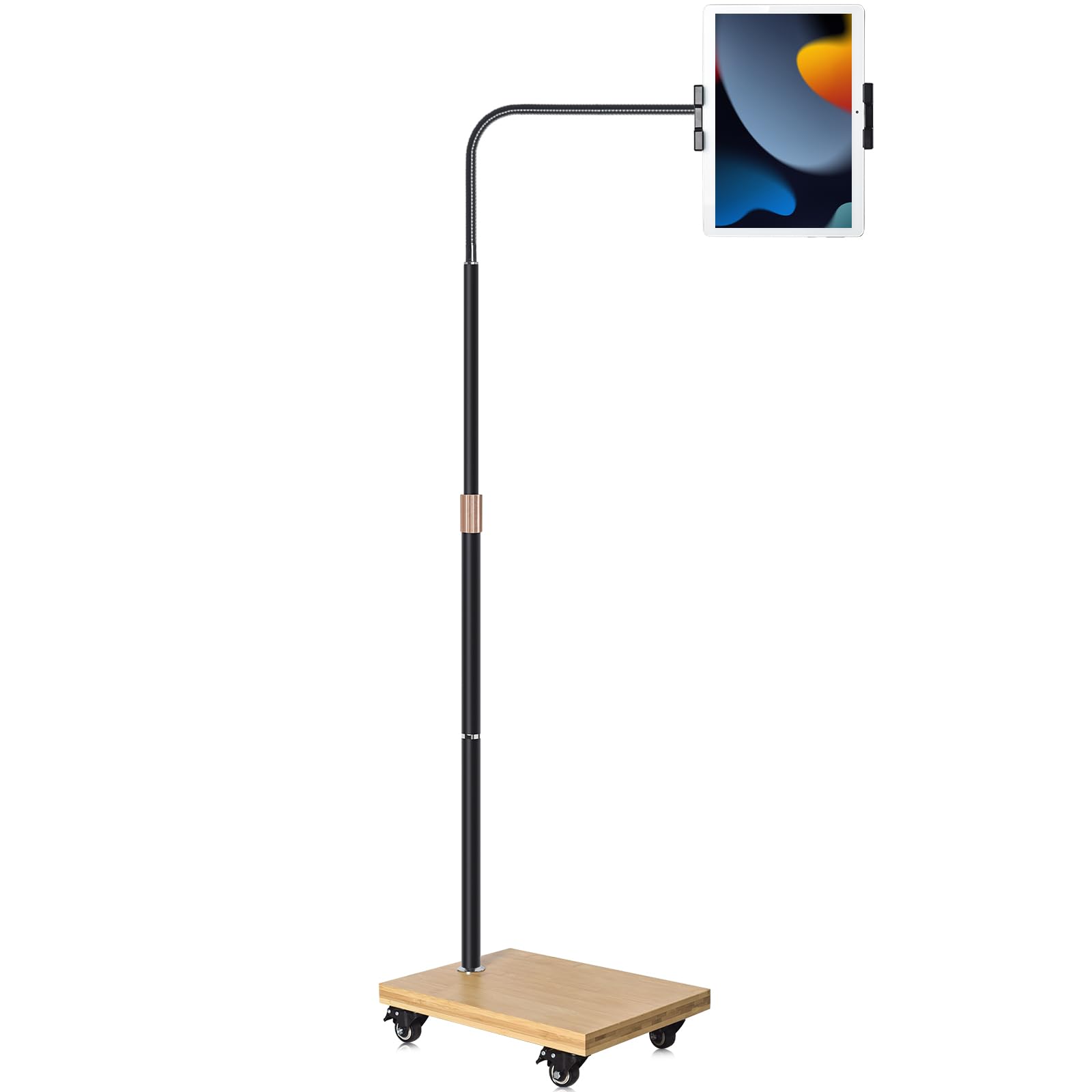 wishacc Tablet Floor Stand with Adjustable Gooseneck Mount Swivels and Wheels for Bedside Compatible with iPad Galaxy Tab