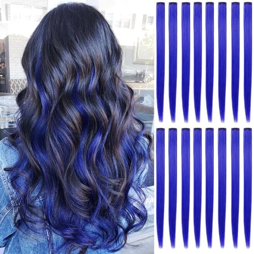 Blue Clip In Hair Extensions - 16 PCS 22 Inch Straight Colored Hair Extensions for Women & Girls | Synthetic Hair Accessories for Halloween Christmas Birthday Party & Cosplay