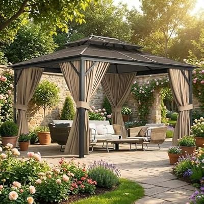 13'X10' Hardtop Gazebo, All-Weather Aluminum Frame Outdoor Canopy with Double Polycarbonate Roof, Permanent Outdoor Gazebo with Netting & Curtains for Garden, Lawns, Patio, Khaki.