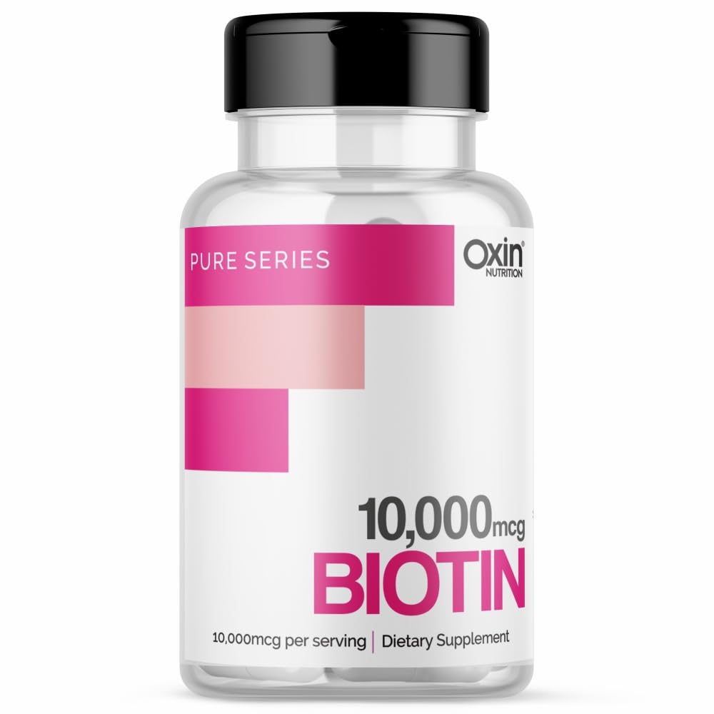 Oxin Nutrition Biotin 10000mcg Veg Capsule Pure Series Strong Hair and Glowing Skin, Fights Nail Brittleness Longer Hair Growth Glowing Skin And Longer Nails Supplement For Men And Women 180 Capsules