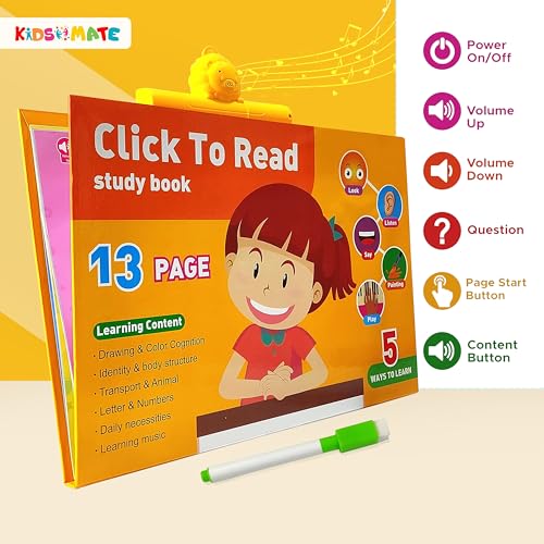 Image of Kidsmate Click to Read Intelligence Study Book with 13 Interactive Pages & Handwriting Board | Earlyspark Activity Book - Touch, Listen, and Learn with Every Page Includes Hand-Painted erasable Board