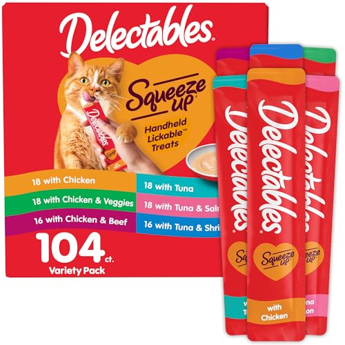 Delectables Squeeze Up Variety Pack Creamy Squeezable Puree Lickable Wet Cat Treats Grain Free No Added Fillers No by-Products No Added Preservatives 0.5 Ounces Tube 104 Tubes Total