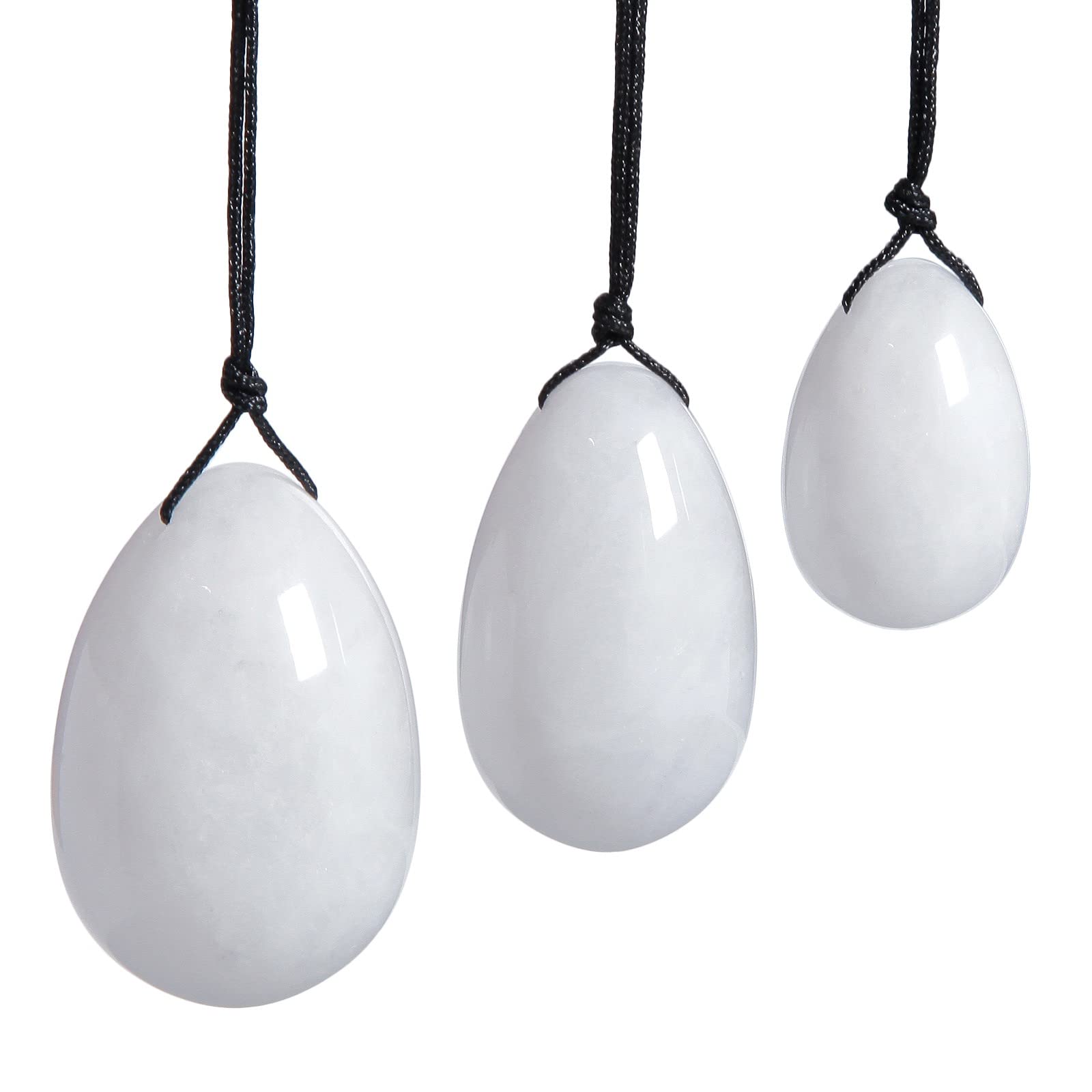 Nupuyai Œuf de Yoni en Pierre de Jade Blanche avec Ficelle Pierre de Massage aux Œufs de Jade de Kegel pour l'Entraînement des Muscles Pelviens des Femmes, 3 Tailles dans un Ensemble