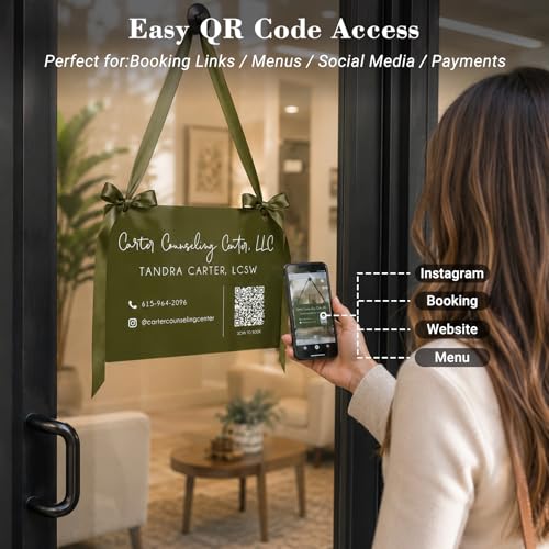 Image of Custom Acrylic Hanging Business Sign with Satin Ribbon, Personalized UV Printed QR Code Sign for Salon Spa Boutique Office Door Window, Small Business Welcome Sign, Market Booth Vendor Display Decor