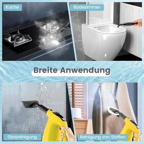 FANTASK 1500W Dampfreiniger bis zu 125℃ in Gelb, mit 400ML Tank, Aufheizzeit: 1 min, Dampfreiniger Handgerät mit 14 Zubehörteilen & 5m Netzkabel