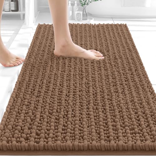 Image of OLANLY Bathroom Rug Mat 34x21, Thick Soft and Absorbent Chenille Bath Mat, Non-Slip Rubber Backing, Machine Washable Quick Dry Bath Rugs for Tub Shower Floor, Home Decor Accessories, Mocha