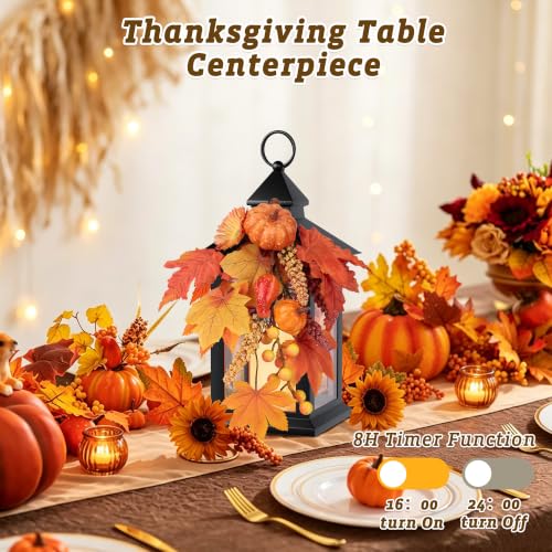 Image of Fall Lanterns Decorative Indoor, 14 inch Autumn Decor Black Outdoor Lantern | Battery Operated, Waterproof Harvest Lantern with Timer Candle, Thanksgiving Decorations for Porch, Patio, Entryway, Mantel