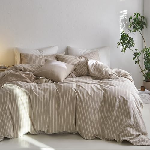 MooMee Striped Duvet Cover Set 100% Washed Cotton Linen Like Text...