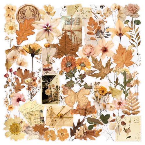 50Pcs Vintage Dried Flower Stickers Waterproof Retro Botanical Stickers for Journaling Scrapbooking Aesthetic Fall Leaves and Old Paper Stickers for Water Bottles Laptop Magazine Crafts