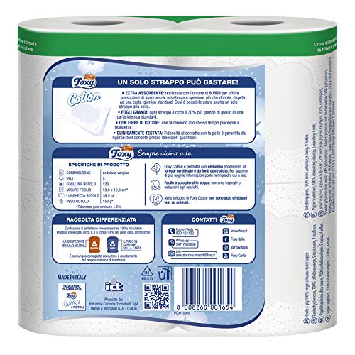 Foxy Cotton Carta Igienica 5 Veli, Bianco, 4