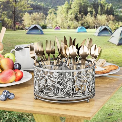 Yiukea SILVERWARE CADDY 360° Rotating Utensil Caddy - Silverware Cutlery Caddy Holder With 4 Compartment, Metal Flatware Organizer Countertop thumb #3