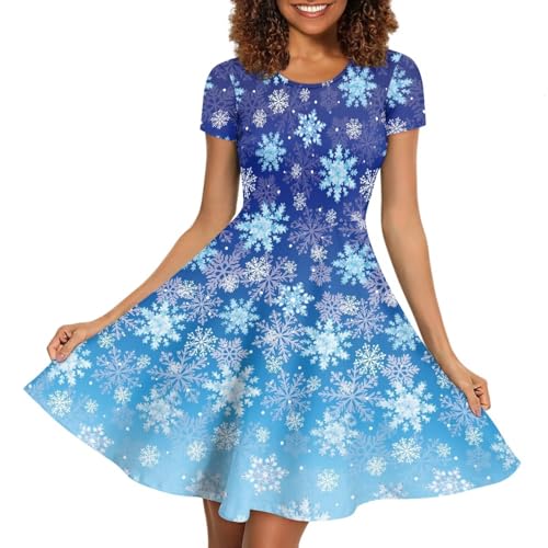 Image of Forchrinse Christmas Snowflakes Dress for Women Causal Midi Dresses Elegant Party Short Sleeve A Line Flared Swing Dress Xmas Sundress Size S-4XL