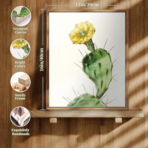 crmotu Vintage Framed Wall Art, Cactus Floral Botanical Prints, Tropical Plant Canvas Pictures, Minimalist Yellow Flower Wall Decor Living Room Bathroom Bedroom, Rustic Farmhouse Decor, 12x16inch