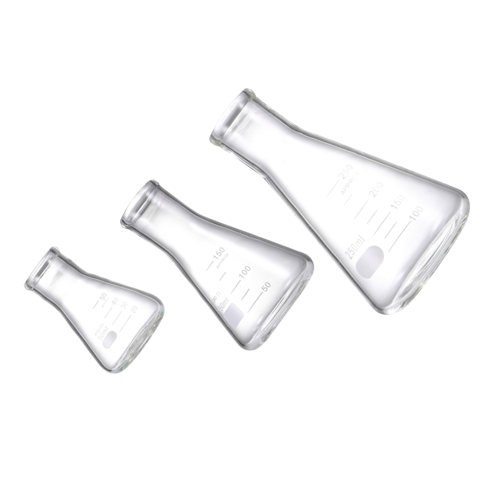 VILLCASE Frasco de Vidrio Científico de 3 Piezas Matraz Erlenmeyer de Boca Estrecha para Accesorios de Experimento de Escuela de Laboratorio de Estudiantes (50 Ml 150 Ml 250 Ml)