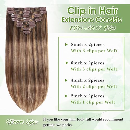Image of Clip in Hair Extensions Real Human Hair Balayage 14inch Chocolate Brown and Honey Blonde Human Hair Clip in Extensions 100% Human Hair Highlight Seamless Clip ins Extension for Women 8pcs Double Weft