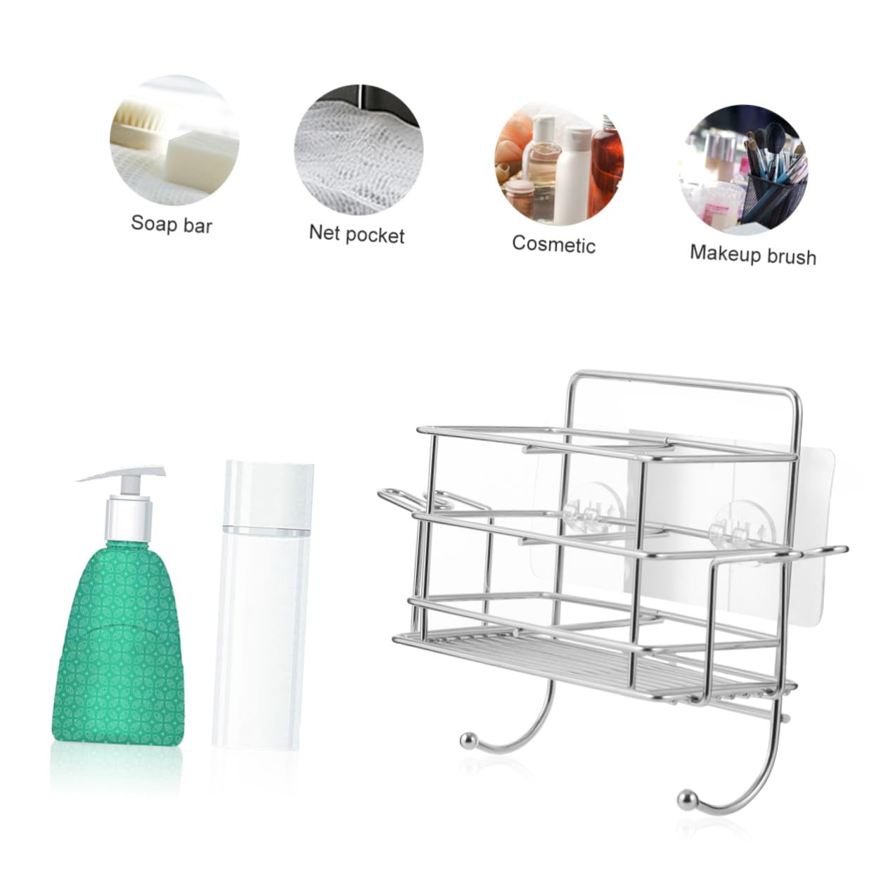 Estante de Ducha para Colgar Diseño sin Perforaciones en Acero Inoxidable Plata, Organizador para Baño Soporte para Cepillos y Capacidad para 2 Tazas