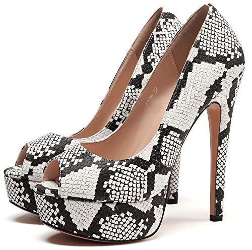 YODEKS Women's Peep Toe Platform Stiletto High Heel Pumps Thin Heel Dance Party Dress Shoes Patent Snakeskin 6.5 M US Size3