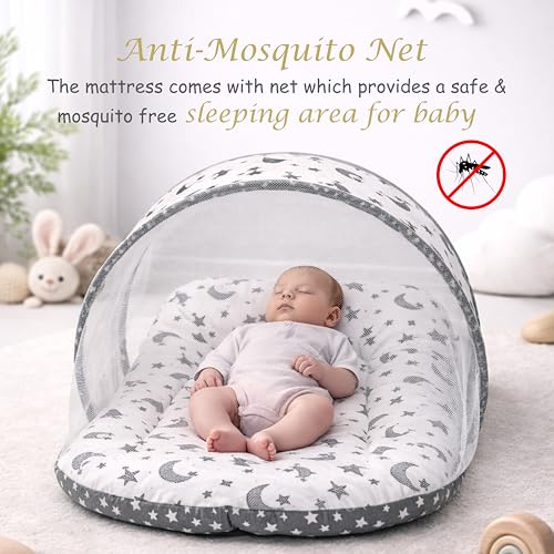 Image of Fareto Combo of Baby Bed with Net | Carry Bag | 4 Pcs Bedding Set (0-6 Months, Baby Size, Cotton) (Grey Moon)