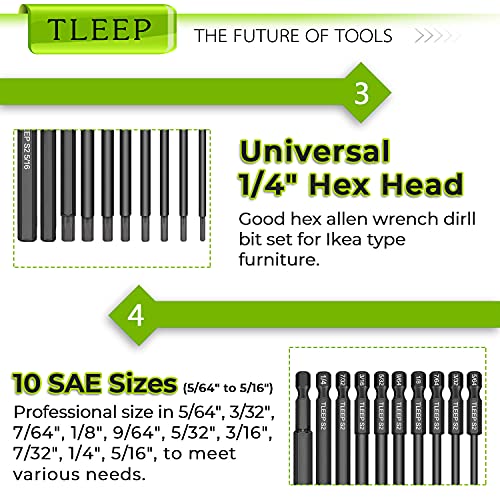 Tleep HU-XI-10 X Long 100Mm 1/4 Inch Hex Head Allen Wrench Drill Bits, 5/16 Inch To 5/64", Sae, Magnetic Tips Screwdriver Socket Bit Set thumb #5