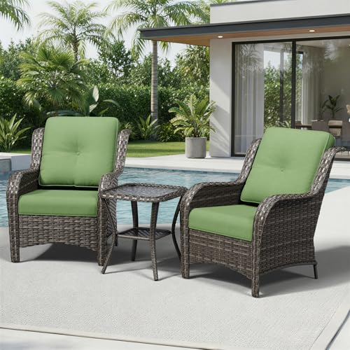 Image of Joyside 3 Piece Wicker Patio Furniture Set, Rattan Patio Chairs with High Back, Deep Seating, Wide Armrest, Thickened Cushions, Outdoor Furniture for Deck, Porch Use