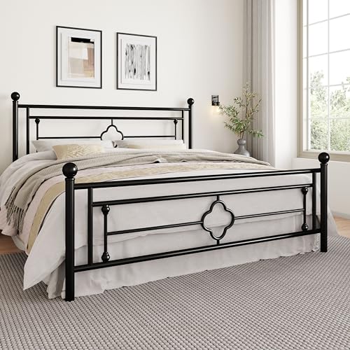 Image of SHA CERLIN 14 Inches King Size Metal Platform Bed Frame /Vintage Iron-Art Headboard and Footboard /Mattress Foundation for Storage /No Box Spring Needed /Noise-Free /Easy Assembly /Black