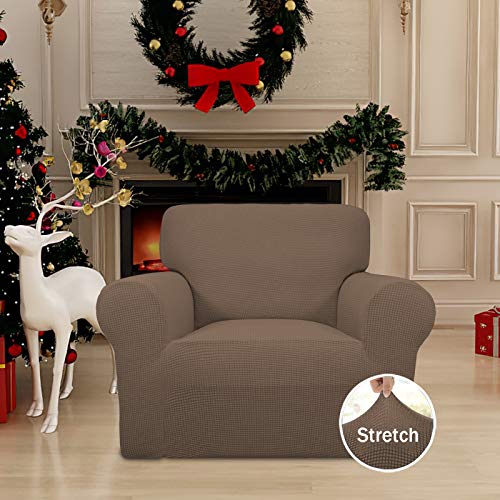 Image of Easy-Going Stretch Chair Sofa Slipcover 1-Piece Couch Sofa Cover Furniture Protector Soft with Elastic Bottom for Kids, Pet. Spandex Jacquard Fabric Small Checks (Chair, Brown)