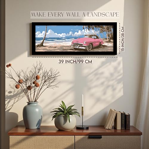Image of PAINTINGMANTRA Summer Beach View with Vintage Pink Car Wall Art Framed Luxury Paintings for Home Decoration, Living room, Bedroom and Office Decoration (99x38 CM)