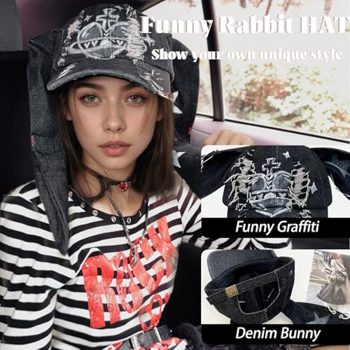 Image of Y2k Hat Punk Hats Denim Bunny Hat Chains Distressed Baseball Cap Kpop Outfits Y2k Grunge Hats for Women