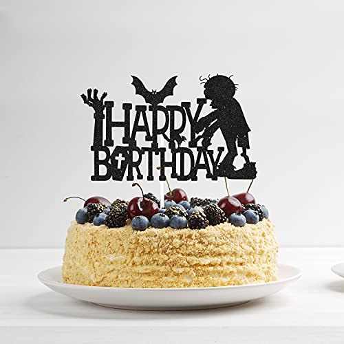 Spooky Zombies Happy Birthday Cake Topper - Black Glitter Monster Hand Game Videos Cake Supplies - Halloween Party Supplies - Kids Birthday Decoration #TOP2