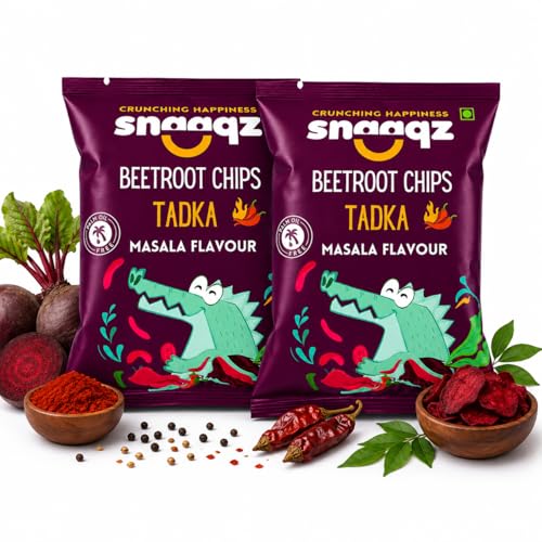 Image of Snaaqz Beetroot Chips Tadka Masala | Crunchy Vegetable Chips | Palm Oil Free | Vegan Gluten Free | Healthy Snack for Kids & Adults | 70g Pack of 2