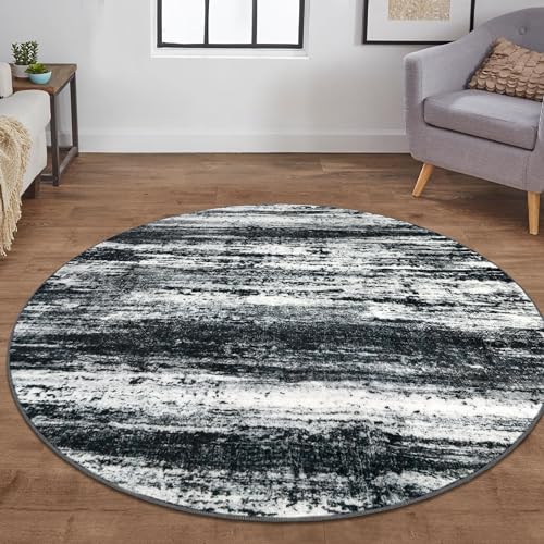 KOZYFLY Modern Abstract Washable Circle Rug 5Ft, Washable Kitchen Rug Non-Slip Soft Bathroom Round Rug, Black Navy Blue Grey Striped Entryway Rugs Faux Wool Doormat for Bedside Entrance Bedroom Sink