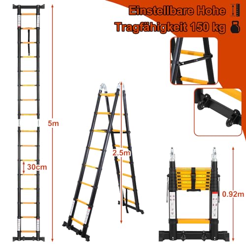 Herrselsam Teleskopleiter A-Rahmen, 3.8m(1.9m+1.9m) Klappleiter Alu Multifunktionsleiter mit Stabilisator Bar und Rädern, Rutschfester, Max Belastung 150 KG, Schwarz Gelb – Bild 4