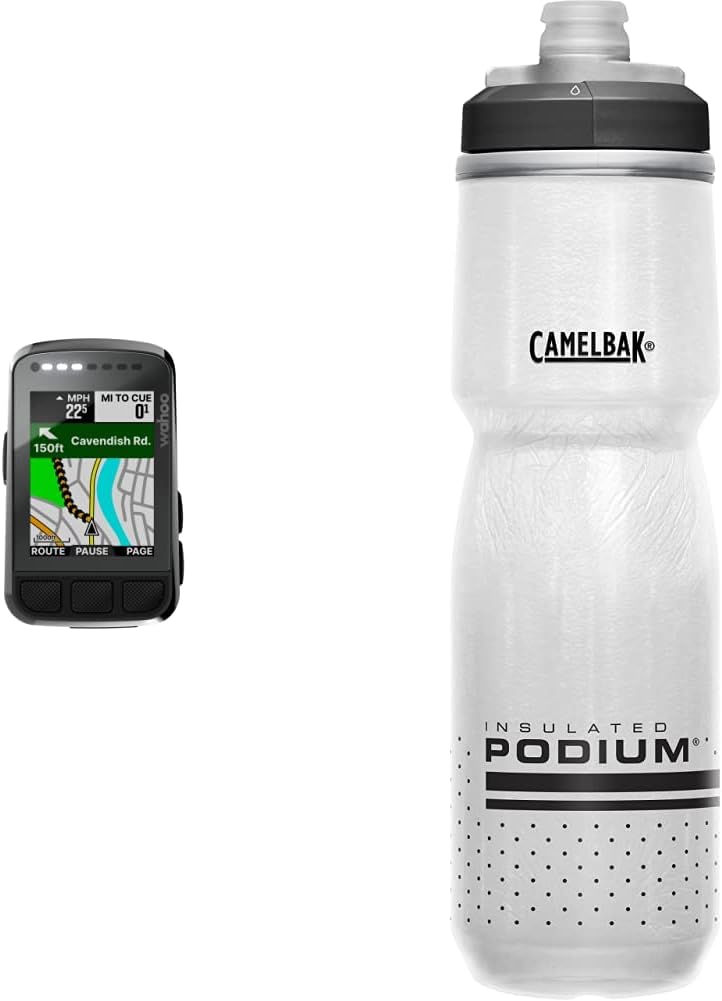 Wahoo ELEMNT Bolt V2 GPS Cycling/Bike Computer & CamelBak Podium Chill Insulated Bike Water Bottle - Easy Squeeze Bottle - Fits Most Bike Cages - 24oz, White/Black