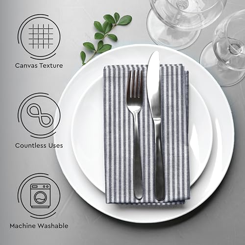 Image of Encasa XO Dining Table Napkins Set of 6, 45x45 cm | Machine Washable Reusable, Recycled Cotton Cloth Napkin, Soft & Absorbent, Table Decor for Hotels, Farmhouse - White & Ticking Navy Blue
