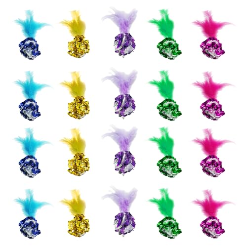 Image of SunGrow Mylar Crinkle Balls with Feathers, 2.5-Inches, Shiny Stress Buster Crinkler, Suitable for Multiple Cats' Engagement, Ideal for Kittens and Grown-up Cats, 20-Pcs