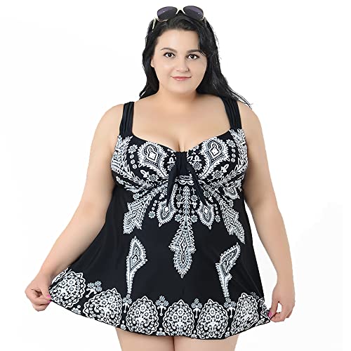 Beachkini Women's Plus Size Retro Print Two-Piece Swimsuit Tankini Beach Dress,Black,50 Cover