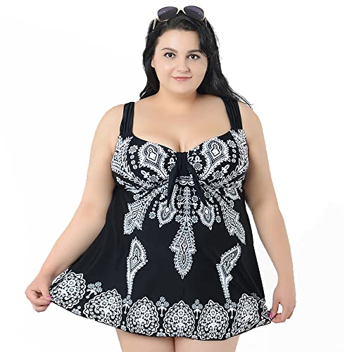 Beachkini Vestido de Playa Tankini de Traje de baño de Dos Piezas con Estampado Retro de Talla Grande para Mujer