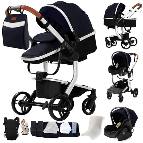 Cochecito 3 en 1, de 0 a 4 años, plegable, compacto y reclinable, con asiento de coche convertible, accesorios: incluye bolso de mamá y portabebés (YG-Azul)