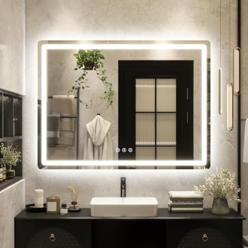 Image of 48 inch x 36 inch Led Bathroom Mirror with Lights, Anti-Fog & Tri-Color Lighting - Wall Mounted Shaving Mirror with Touch Sensor, Waterproof & Smart LED Vanity Mirror,Tempered Glass, Dimmable Smart Mirror