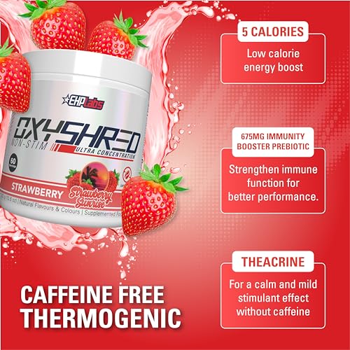 Image of EHP Labs OxyShred Non Stimulant Pre Workout Powder - Stim Free, Caffeine Free Preworkout for Men & Women - Non Stim Preworkout - Sugar Free Energy Powder - Strawberry, 60 Servings