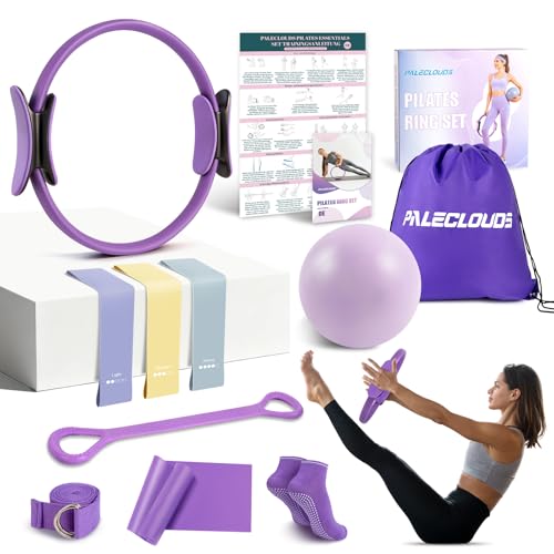 Pilates Set für Zuhause, Pilates Ring und Ball Set mit 12'/30 cm Yoga Circle, Miniball, 3 Fitnessbänders, Trainingsposter & Tragbare Tasche, Pilates Kit für Homeworkout Equipment Frauen, Workout