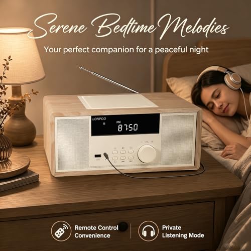 Image of LONPOO Retro Stereo System with CD Player for Home Speaker 30w Bluetooth | AUX-in,USB Playback,Earphones Output DSP-Tech,Classic Wooden Style,Remote Control